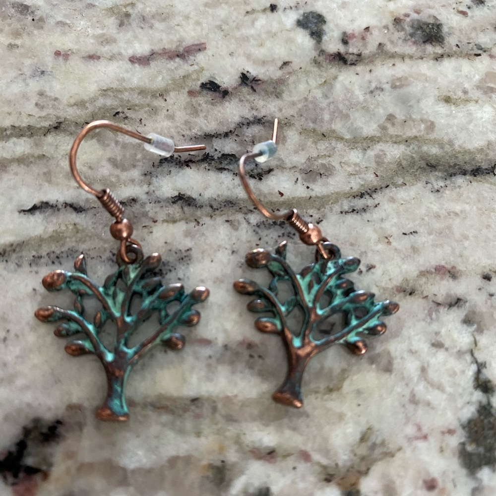 Copper / teal tree earrings